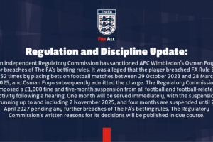 官方：英甲球员福约252次违反博彩条例，被罚款1000镑+禁赛5个月