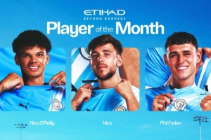 曼城11月队内最佳候选：奥赖利、尼科·冈萨雷斯、福登
