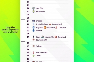 英超官方晒积分榜：第14名伯恩茅斯与第4名切尔西仅相差5分
