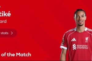 打进两球，官方：埃基蒂克当选利兹联3-3利物浦全场最佳