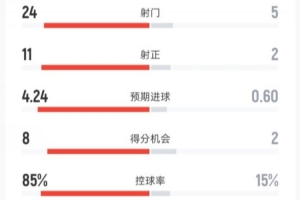 拜仁2-2美因茨全场数据：射门24-5，射正11-2，控球率85%-15%