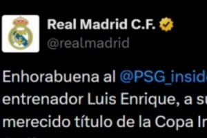 皇马官方：祝贺巴黎圣日耳曼、纳赛尔和恩里克赢得洲际杯冠军