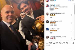 维蒂尼亚社媒晒与伊涅斯塔合照：何其有幸与顶级榜样合影