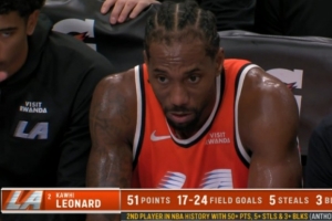 攻防一体！莱昂纳德单场至少50分5断3帽 NBA历史第二人&比肩浓眉