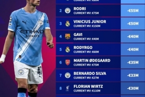 今年球员身价下跌榜：福登跌6000万欧居首，罗德里跌5500万欧次之