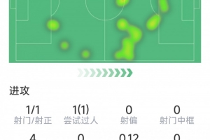齐尔克泽本场数据：1粒进球，1次射门，1次关键传球，2次解围