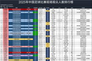 2025中国足球观众排行：超4万人100场 国足vs澳大利亚70588人最多