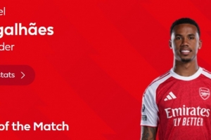 先拔头筹，英超官方：加布里埃尔当选阿森纳4-1维拉全场最佳球员