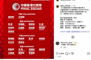 省港杯次回合中国香港队名单：孙铭谦、梁诺恒、劳烈斯领衔