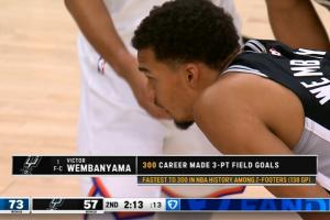 文班达成生涯300记三分 NBA2米13以上球员历史最快！