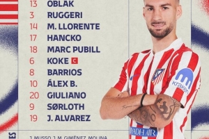 马竞首发：小蜘蛛领衔锋线，朱利亚诺·西蒙尼、瑟尔洛特出战